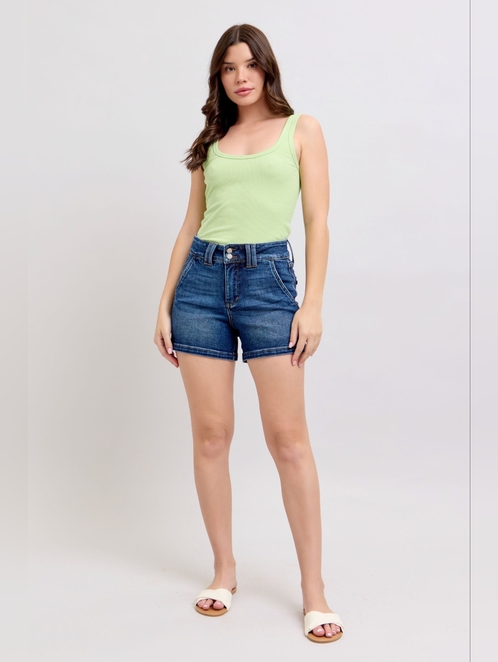 Judy Blue HR Dark Wash Double Button Waistband Denim Jean Shorts Stretch XL NEW
